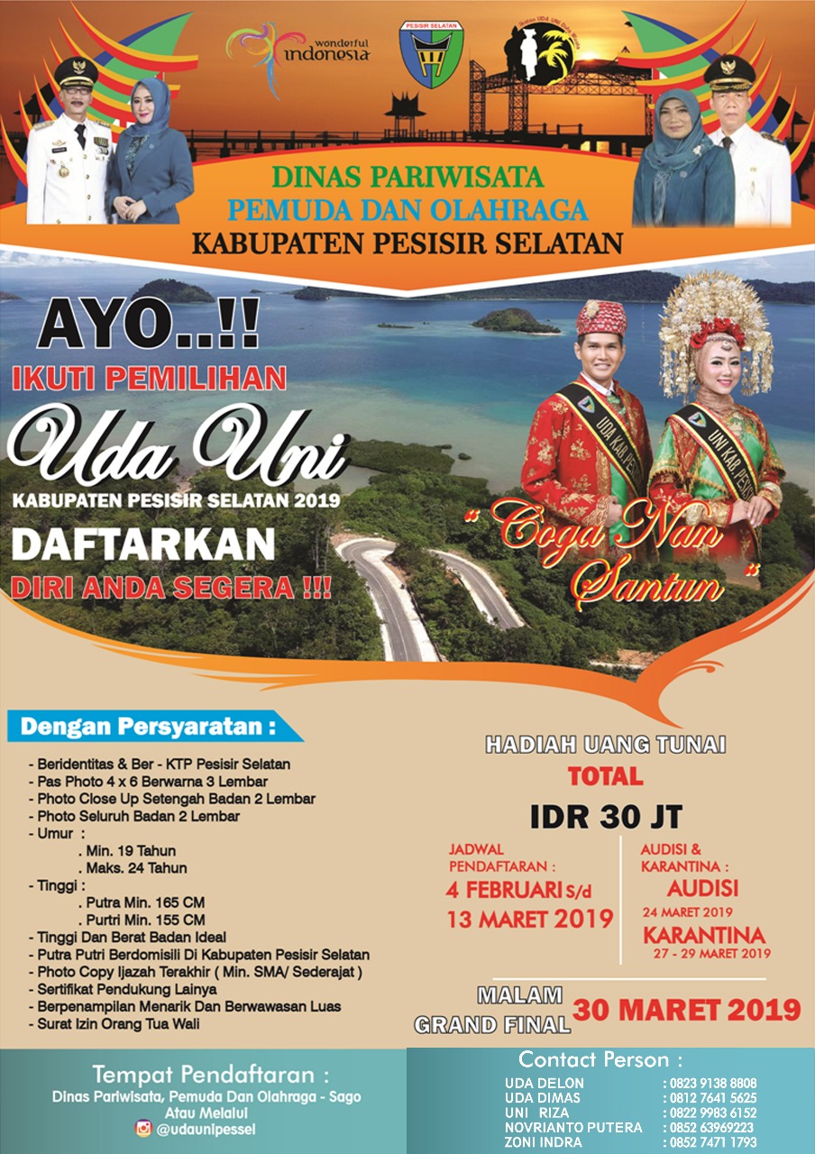 Akan segera digelar Uda Uni Duta Wisata Negeri Sejuta Pesona Kabupaten Pesisir Selatan 2019